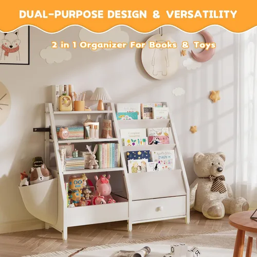 Miniatura 7 de Estantería infantil y organizador de almacenamiento de juguetes, estantería Montessori de 3 niveles para bebés y niños pequeños con bolsillos