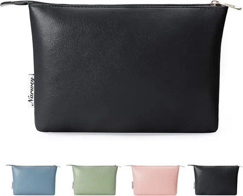Narwey Bolsa de Maquillaje Grande para Bolso de Cuero Vegano de Viaje Bolsa de Cosméticos con Cremallera para Mujeres, A-Negro