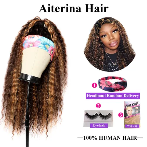 Miniatura 6 de Aiterina Peluca con Diadema de Cabello Humano Ombre con Mechas Rizado Peluca de Cabello Humano Pelugas con Diadema para Mujeres Negras Sin Encaje