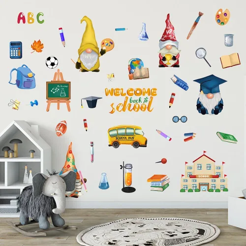 Miniatura 6 de ALIBBON Calcomanías de pared de bienvenida de regreso a la escuela para aula, calcomanías de gnomo para niños, calcomanías de primer día de escuela