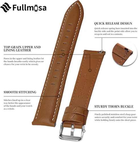 Miniatura 5 de Fullmosa Genuine Leather 14mm 16mm 18mm 19mm 20mm 22mm and 24mm Watch Bands, Quick Release Watch Band for Men and Women, Fits Samsung Galaxy Watch