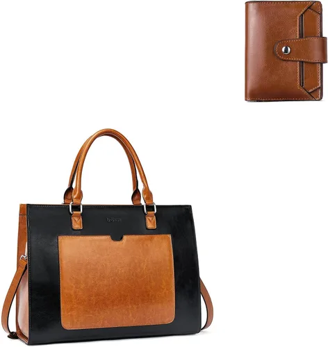BROMEN Maletín de cuero para mujer 15.6 pulgadas portátil bolso de hombro negro con marrón y mujeres cuero RFID blcoking cremallera cartera marrón