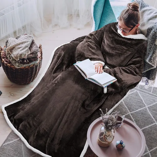 Miniatura 22 de Tirrinia Manta de sherpa afelpada con mangas, manta completa para todo el cuerpo, para leer, ver la televisión, manta para envolver