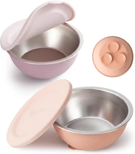 Moonkie Cuencos para bebés con succión, cuencos de acero inoxidable y silicona para niños pequeños con tapas, diseño de una sola pieza sin costuras,