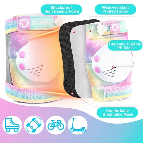 Miniatura 4 de SULIFEEL Rodilleras de arcoíris y unicornio para niños, coderas, muñequeras con bolsa de cordón, juego de equipo de protección ajustable para niñas