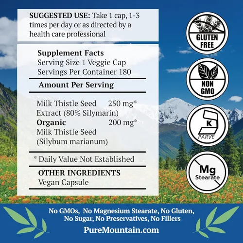 Miniatura 2 de Pure Mountain Botanicals Cardo mariano de alta potencia, 180 cápsulas veganas kosher con 450 mg de semilla y extracto de cardo mariano orgánico
