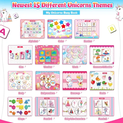 Miniatura 2 de MDINGTD Juguetes Montessori para niños pequeños, regalos de unicornios para niñas de 3 a 5 años, 30 temas, libro ocupado para niños, juguetes