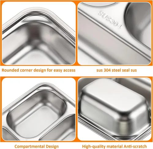Miniatura 3 de Zopeal Paquete de 8 platos divididos de acero inoxidable 304 bandejas rectangulares de metal para adultos y niños, control de porciones