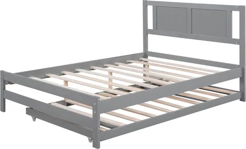 Miniatura 8 de Harper & Bright Designs Base de cama de tamaño matrimonial con nido ajustable, cama de plataforma matrimonial de madera con cabecero, marco de cama