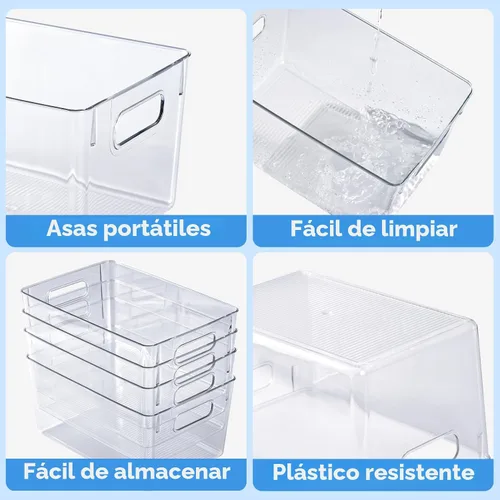 Miniatura 4 de JollyPack Paquete de 4 cubos de almacenamiento de plástico transparente, organizadores de despensa y almacenamiento con asas, contenedores