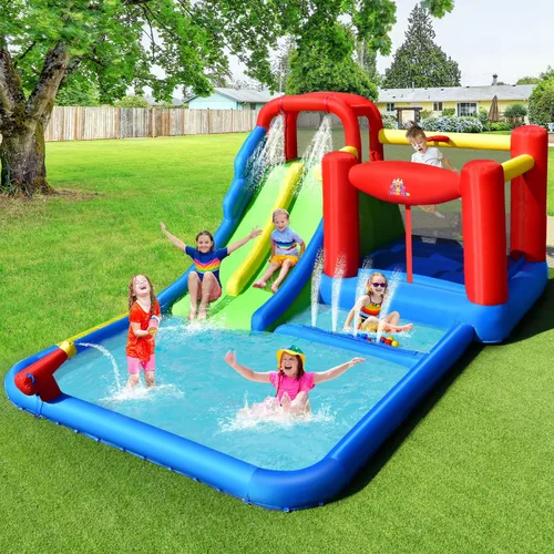 Miniatura 2 de BOUNTECH Tobogán acuático inflable, 7 en 1 doble tobogán para niños, parque acuático para niños, toboganes de agua inflables para exteriores