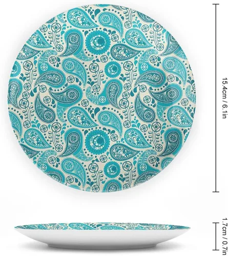 Miniatura 2 de Plato decorativo de 6 pulgadas, artesanía de cerámica turquesa, patrón floral antiguo de cachemira, estampado clásico de Oriente Medio, para colgar