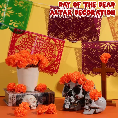 Miniatura 5 de Cartel de fiesta mexicana de Halloween, 124 unidades, papel picado, Día de los Muertos, banderines de fiesta, Día de los Muertos, flores muertas