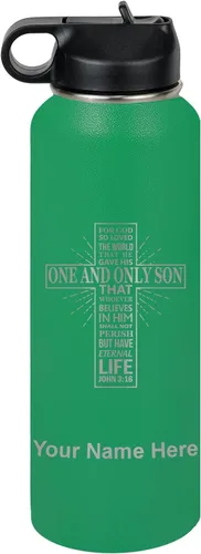 Miniatura 59 de LaserGram Botella de agua personalizada, versículo bíblico John 3-16, acero inoxidable de doble pared aislada al vacío con popote superior, regalo