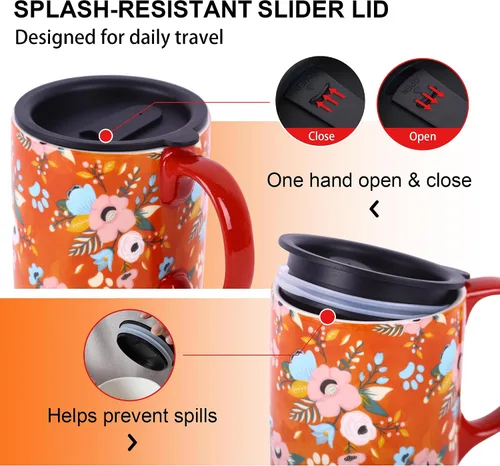 Miniatura 4 de Taza de viaje de cerámica de 17 onzas con tapa y asa, taza de café con patrón floral de abeja, apta para microondas y lavavajillas, taza de café