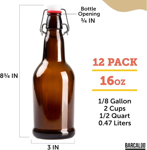Miniatura 2 de Barcaloo Botellas de cerveza de vidrio ámbar de 16 onzas para elaboración casera, paquete de 12 con tapas abatibles, marca estadounidense