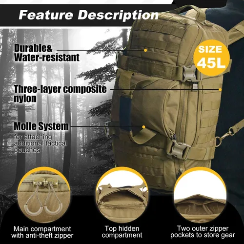 Miniatura 5 de Mochila militar 3 en 1 bolsa de viaje para gimnasio de fin de semana, despliegue de entrenamiento de viaje, Beige Bronceado, Bolsa de gimnasio 3 en 1