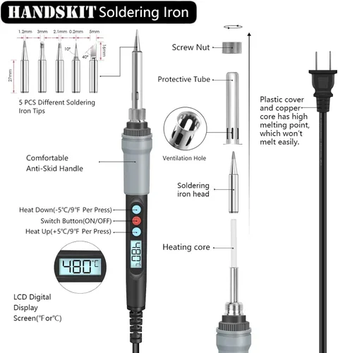 Miniatura 2 de Kit de soldador electrónico, 21 en 1, soldador de temperatura ajustable de 90 W, 5 puntas de soldador, soporte de soldador, bomba de desoldadura