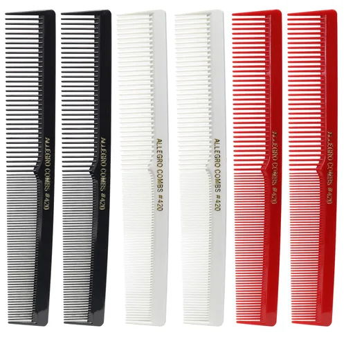 Allegro Combs Juego de peine de peluquero 420 para cortar y peinar el cabello, 6 peines de bolsillo para estilistas en negro, rojo y blanco