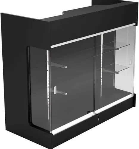 Miniatura 5 de Wisdomfur Contador de pago minorista de 4 pies con pantalla de vidrio, mostrador de tienda superior con repisa negra con vidrio templado, cajones