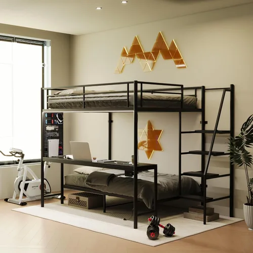 Miniatura 3 de KEIKI Litera Full sobre Twin con Estación de Carga, Cama Alta de Metal con Escritorio & Protector de Seguridad & Escaleras, Marco de Cama de Metal