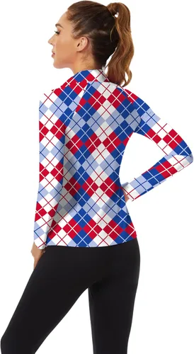 Miniatura 30 de WOWENY Camiseta deportiva de manga larga para mujer, con cremallera de un cuarto, cuello para entrenamiento, camiseta de tenis con estampado