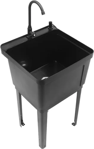 Fregadero de lavandería Black Space Saver con grifo, dispensador de jabón y tubo de drenaje para lavadero, sótano, garaje, tienda (negro, 19.68 x 19