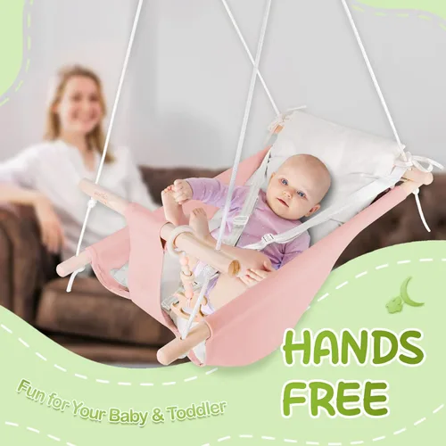 Miniatura 6 de Columpio para bebé en interiores y exteriores, hamaca de lona para bebé a niño pequeño con un asiento cómodo, juguete de madera de macarrón, arnés
