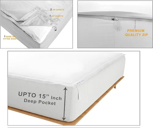 Miniatura 6 de Pure Eco Sábana bajera ajustable Easy Zipper, incluye 1 base de sábana bajera y 2 sábanas con cremallera, de 15 pulgadas, tamaño individual, sábana