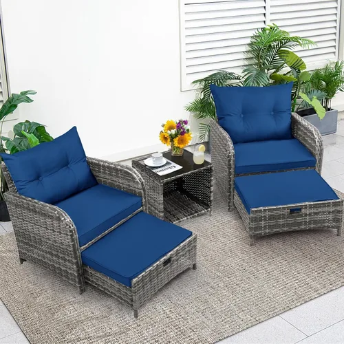 Miniatura 11 de Silla de Patio con Otomanas y Mesa, Juego de Muebles de Patio al Aire Libre de Ratán de Mimbre PE de 5 Piezas, Diseño que Ahorra Espacio Sillas