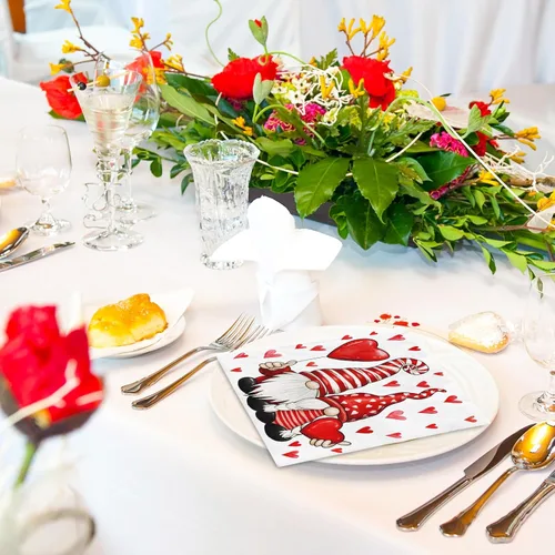 Miniatura 5 de Paquete de 80 servilletas de papel para el día de San Valentín, diseño de gnomo y corazón, servilletas decorativas, para almuerzo, cena, cumpleaños