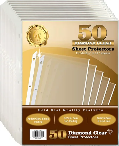 Gold Seal - 50 protectores de hojas transparentes de diamante, revestimiento antirreflejo, peso duradero estándar, 8.5 x 11 pulgadas, carga