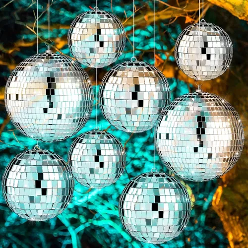 Miniatura 7 de Haull - Set de 8 bolas de discoteca grandes, bolas de espejo plateadas y reflectantes con anillo para colgar, ornamento para fiesta, decoración