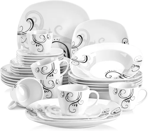 Miniatura 39 de VEWEET, Serie Fiona - Juego de vajilla de 30 piezas para 6 personas, blancos con rayas negras y grises, vajilla de porcelana de platos de postre