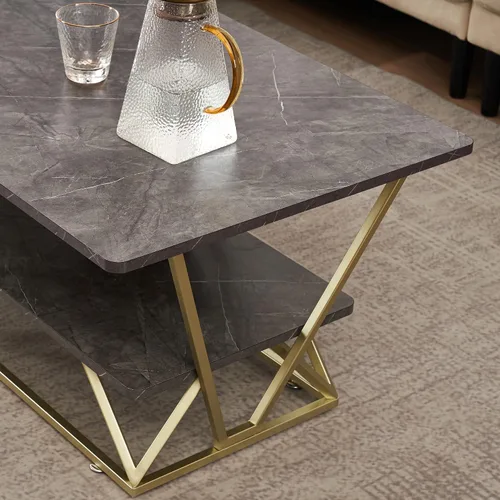 Miniatura 4 de ivinta Mesa auxiliar con almacenamiento, mesa central rectangular moderna con mármol sintético y marco dorado para espacios pequeños, mesa de sala