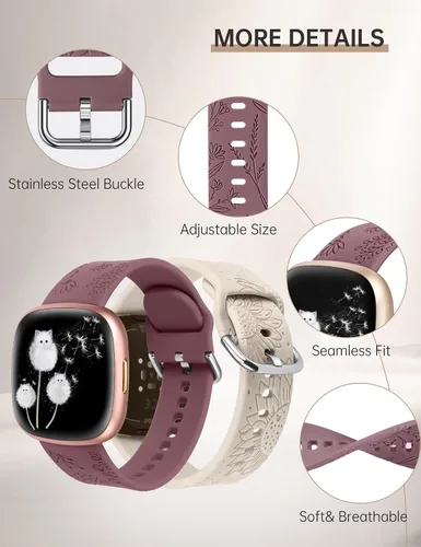 Miniatura 3 de Minyee Paquete de 2 correas grabadas florales compatibles con Fitbit Versa 4/Versa 3/Sense 2/Sense Band para mujer, lindo diseño de girasol