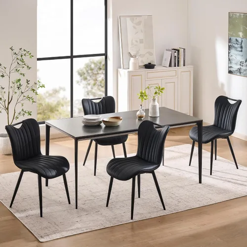 Miniatura 5 de Juego de 2 sillas de comedor tapizadas de cuero, modernas sillas de comedor de cocina de mediados de siglo con patas de metal negro, sillas