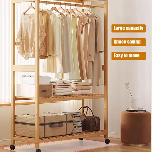 Miniatura 7 de 3-Tier Bamboo Clothes Rack - Stylish Garment Stand with Open Wardrobe Design & Storage Shelves for Bedroom, Living Room, Entryway - Space-Saving