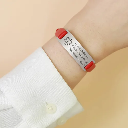 Miniatura 6 de MPRAINBOW Pulsera de alerta médica personalizada para mujer, correa de reloj de cuero genuino, grabado de doble cara, diabetes, epilepsia, joyería