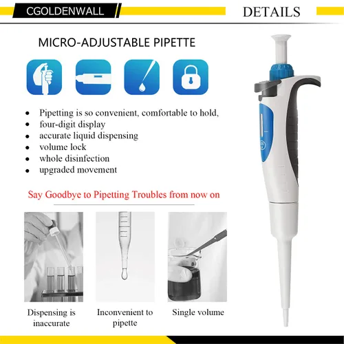 Miniatura 2 de CGOLDENWALL Lab Micropipeta manual ajustable pipeta pipeta pipeta de volumen ajustable y fijo de un solo canal de cuatro dígitos pantalla