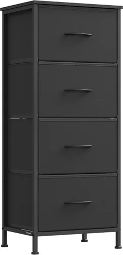 SONGMICS Cómoda para dormitorio, cómoda, acero, MDF, 4 cajones de tela no tejida, unidad organizadora de almacenamiento, armario, entrada, negro