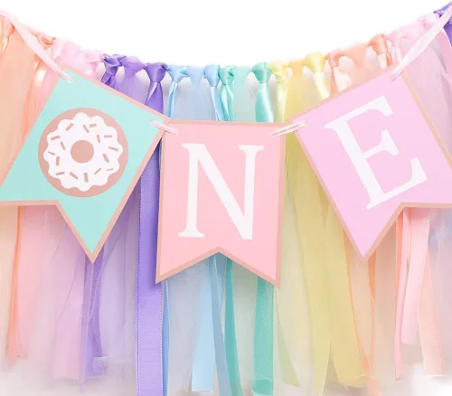 Miniatura 6 de Cartel de cumpleaños de 1 a 2 años de edad – Cartel para silla alta de cumpleaños con tema de dona, un grupo de tutú de cinta de arco iris suave