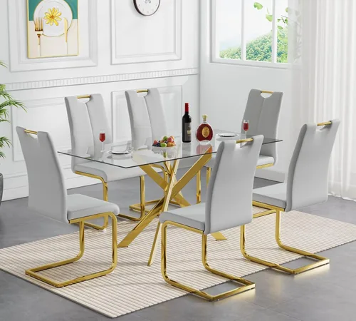 Miniatura 21 de Juego de mesa de comedor redonda de 3 piezas para 2, mesa de cocina moderna de vidrio plateado y sillas para 2 con sillas tapizadas, juego de mesa