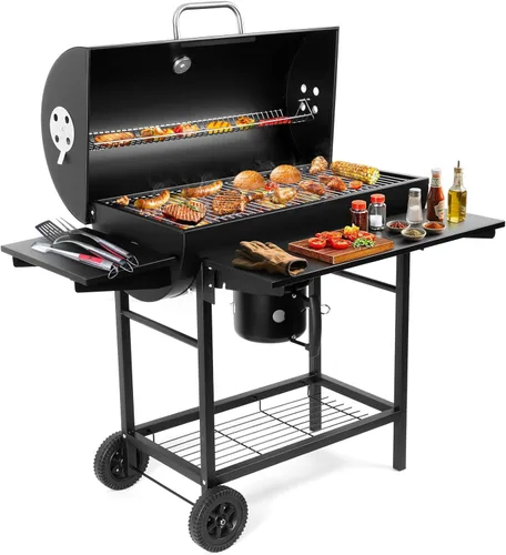 Miniatura 10 de Parrilla de carbón con ahumador offset: parrillas de carbón con área de cocina espaciosa Combo de parrilla de barril y ahumadores para patio