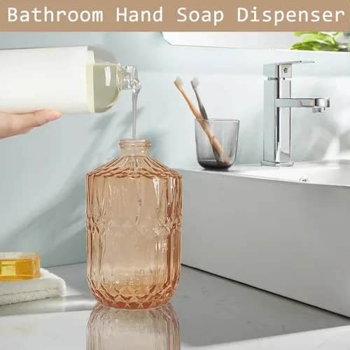 Miniatura 5 de 14Oz Gold Pump Glass Soap Dispenser, Amber Diamond Design Countertop Refillable Liquid Bottle Hand Dish Lotion Dispenser with Plastic Pump, for