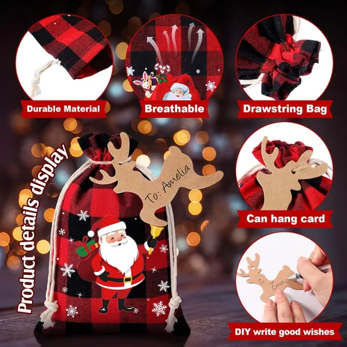 Miniatura 2 de Shappy 48 bolsas de Navidad con cordón, bolsas de arpillera a cuadros Buffalo de Navidad, bolsas de lino para golosinas, sacos para regalos