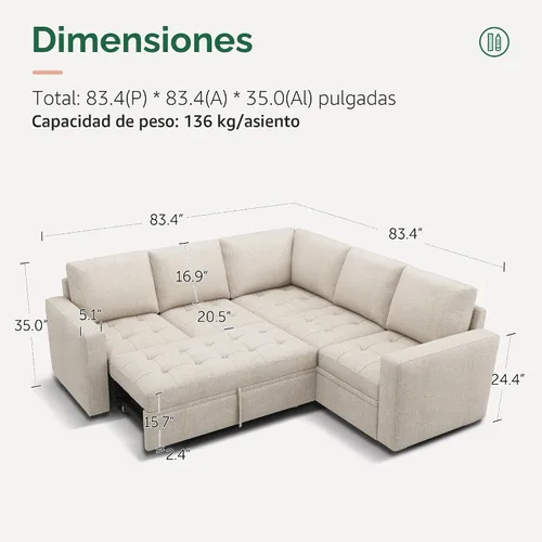 Miniatura 2 de HONBAY Sofá cama modular modular con cama extraíble, sofá en forma de L con asiento de almacenamiento, sofás seccionales para sala de estar, beige