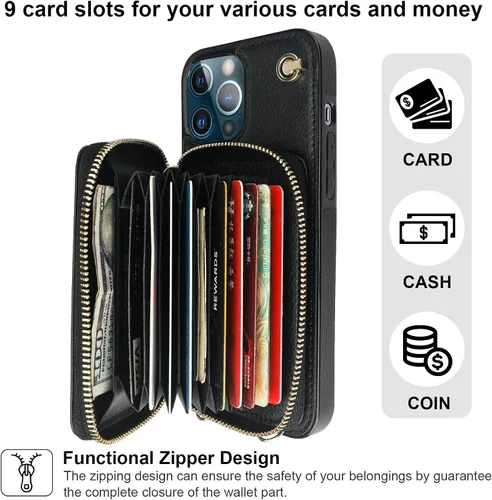Miniatura 4 de Bocasal Funda tipo cartera cruzada para iPhone 13 Pro, funda de piel con bloqueo RFID y soporte para tarjetas, funda protectora con cremallera