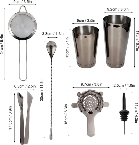 Miniatura 2 de Juego de coctelera de 11 piezas, kit de barman de acero inoxidable, kit de camarero para fiestas en casa y utensilios de bar (negro)