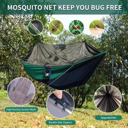 Miniatura 2 de Hamaca de camping con red, hamacas ligeras portátiles de viaje con correas para árboles y mosquetones sólidos en forma de D, hamaca de nailon